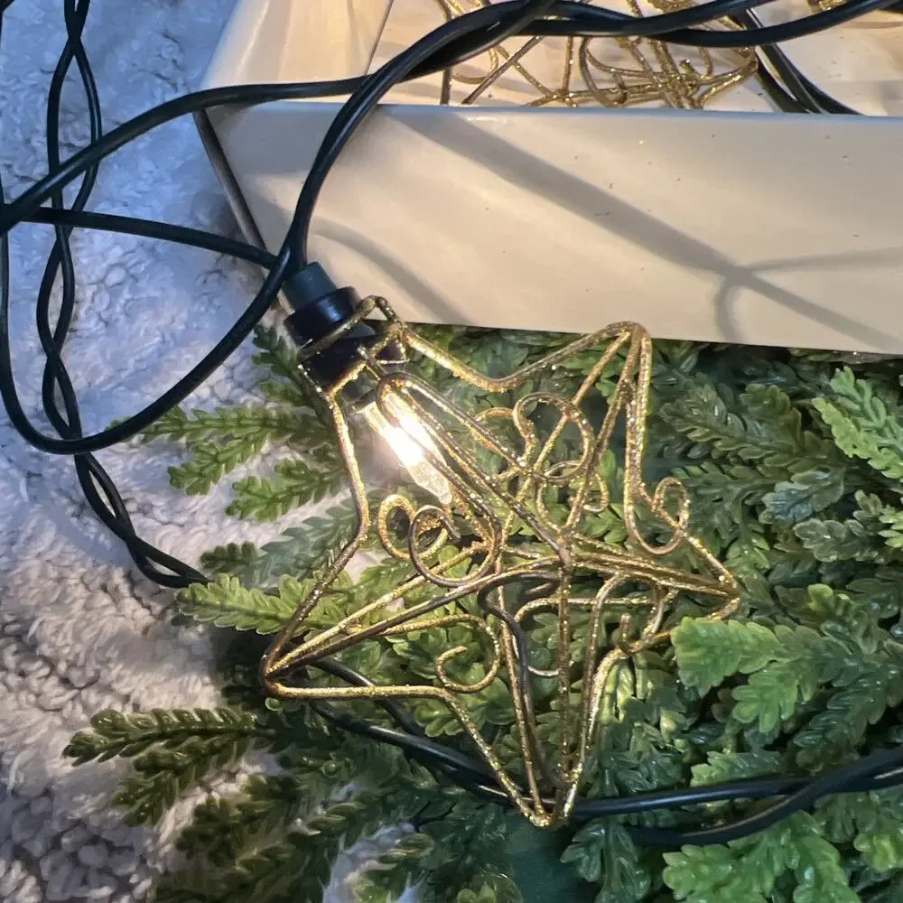 Vintage Pier 1 Metal Wire Gold Star String Lights Holiday Party Christmas